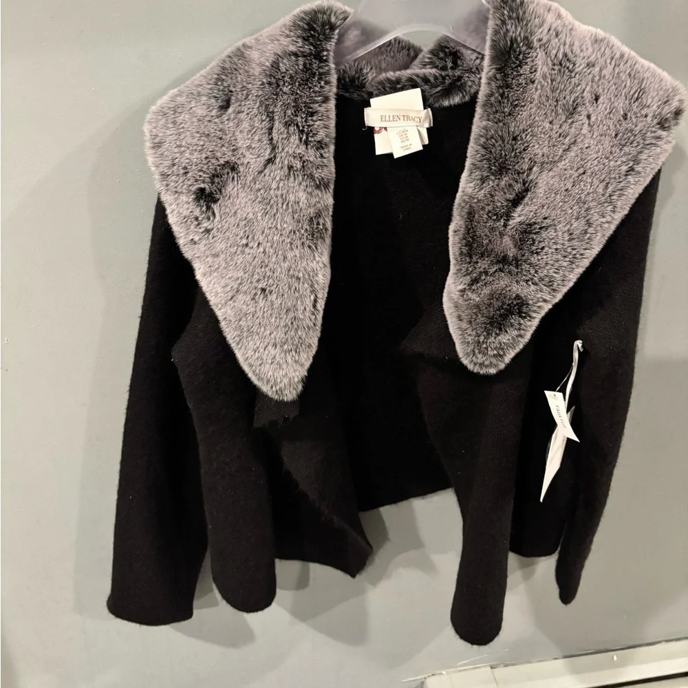 Ellen Tracy Black Jacket with Faux Fur Collar NWT